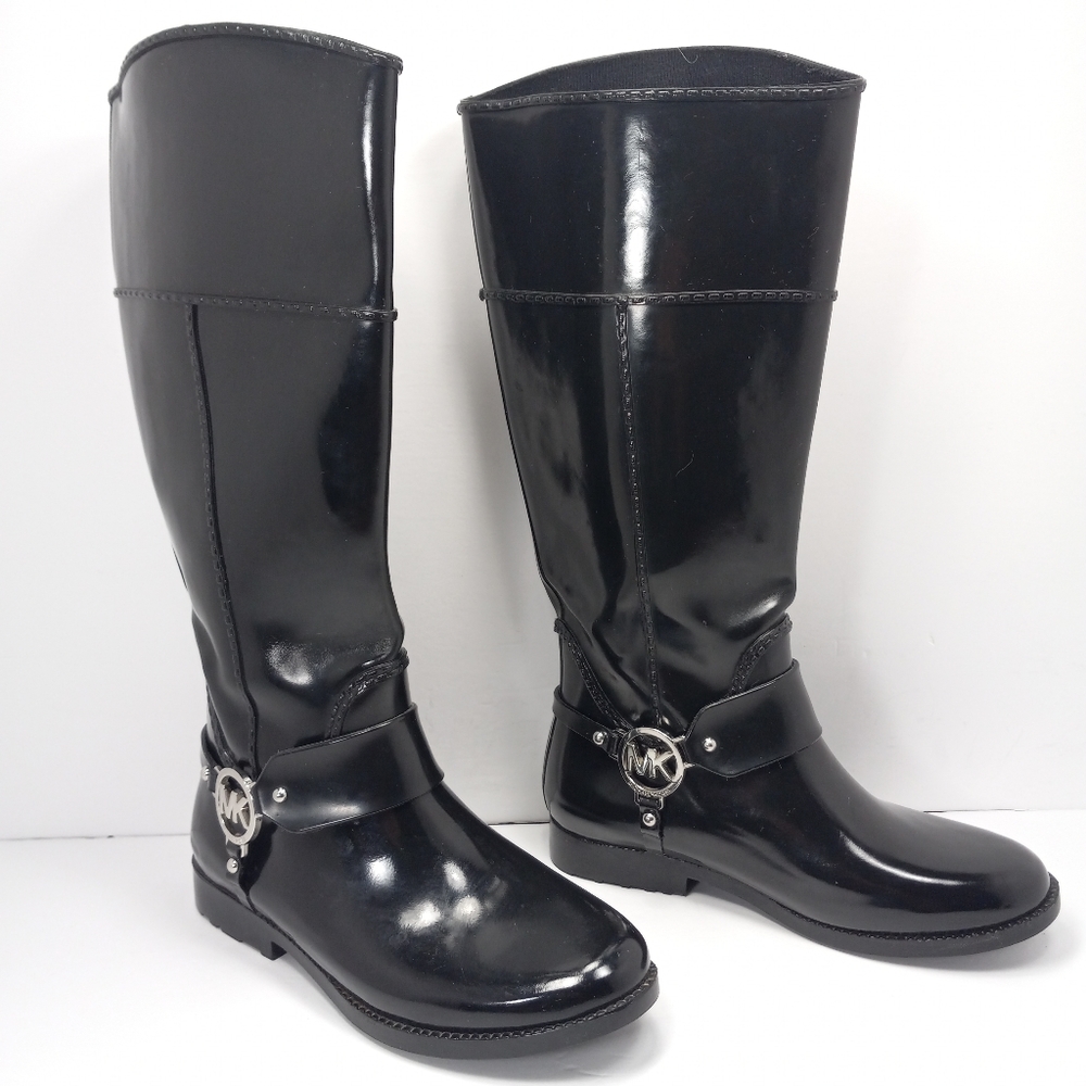 MICHAEL KORS Shiny Black Tall Rainboots w/ Silver Metal Logo Detail Like New